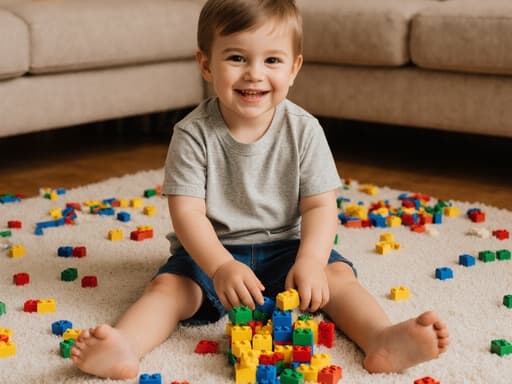 따뜻한 거실 바닥에 앉아 있는 귀여운 3세 유럽계 남자아이의 반신 사진으로, 다채로운 레고 블록을 조립하며 즐겁게 웃고 있는 모습이 담겨 있습니다. 주변은 장난기 넘치는 분위기로 가득 차 있습니다.
