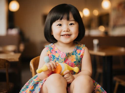 아늑한 카페에 앉아 있는 귀여운 3세 한국인 여성의 반신 사진. 밝은 색의 드레스를 입고 다리를 뻗고 인형을 손에 쥐고 순수한 미소를 짓고 있습니다. 따뜻한 조명이 매력적인 분위기를 만들어냅니다.