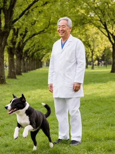 60대 아시아계 남성이 의사 가운과 스크럽을 입고 자연스럽게 미소 지으며 공원에서 뛰어다니는 강아지를 바라보는 전체 모습. 배경은 푸르른 잔디와 푸른 나무로 가득한 공원입니다.