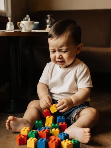 아늑한 카페에서 편안한 티셔츠와 반바지를 입고 앉아 있는 1세 혼혈 남아의 반신 사진입니다. 그는 슬픈 표정으로 눈에 눈물이 고여 있으며, 테이블 위에 어지럽게 놓인 다채로운 레고 블록을 조립하려 하지만 실패하여 좌절한 모습을 보여줍니다. 카페의 따뜻한 분위기가 이미지의 감정적 톤을 더해줍니다.