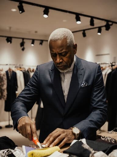 50대 아프리카계 남성이 스타일리시한 정장과 현대적인 액세서리를 착용하고, 패션 매장에서 청소 도구를 들고 있는 반신 촬영입니다. 약간 짜증난 표정이 그의 주변의 우아함과 대조를 이루며, 고급 소매점에서 패션과 실용성이 조화를 이루고 있는 모습을 보여줍니다.