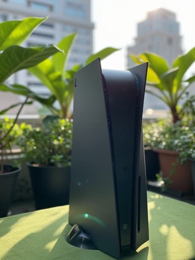 게임 콘솔, 도시의 옥상 정원에서 푸르른 식물과 부드러운 햇빛이 나뭇잎 사이로 filtering 되는, 도시의 분위기