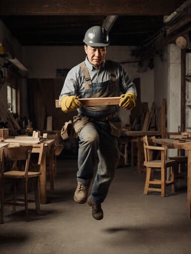 이미지는 작업복을 입은 40대 아시아계 남성이 목재를 들고 점프하며 실망한 표정을 짓고 있는 모습을 보여줍니다. 그는 나무로 된 가구가 가득한 아늑한 목공 카페에 있어, 관객에게 친숙하고 매력적인 분위기를 전달합니다.