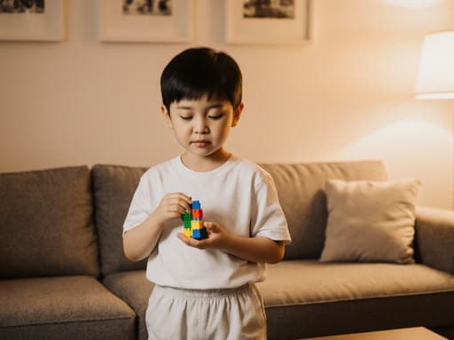 아늑한 거실에 서 있는 귀여운 7세 남성 동양인의 반신샷. 편안한 티셔츠와 반바지를 입고 졸린 표정을 지으며 레고 블록을 쥐고 있습니다. 따뜻한 소파와 테이블이 배경에 있어 장난스럽고 순수한 분위기를 보여줍니다.