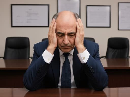 50대 중동계 남성이 정장과 흰색 셔츠, 넥타이를 매고 회의 테이블에 앉아 있는 반신 샷입니다. 그는 머리를 감싸 쥐고 절망적인 표정을 지으며 스트레스를 표현하고 있습니다. 배경에는 법률 관련 자료가 걸려 있는 잘 꾸며진 회의실이 있어 고압적인 환경을 강조합니다.