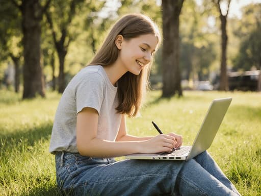 공원에서 잔디 위에 크로스 레그로 앉아 있는 10대 초반의 유럽계 소녀의 반신샷입니다. 그녀는 자연스러운 외모로 편안한 티셔츠와 청바지를 입고 있으며, 노트북에 글을 쓰며 행복하게 미소짓고 있습니다. 따뜻한 햇살이 나무 사이로 비추고, 주변에는 푸른 잔디가 펼쳐져 있어 평화롭고 즐거운 분위기를 만들어냅니다.