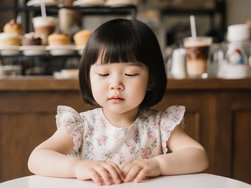 파스텔 꽃무늬 드레스를 입은 3세의 한국인 소녀의 매력적인 반신 사진입니다. 카페 테이블에 앉아 졸린 매력을 발산하며 다양한 간식들로 가득한 아늑한 분위기 속에서 기다리고 있습니다.