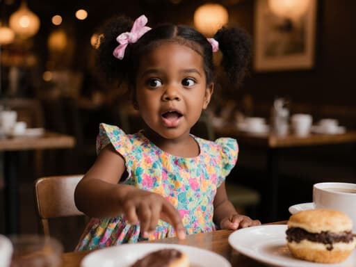 아늑한 카페에서 과자를 향해 손을 뻗는 귀여운 3세 흑인 여아의 모습을 담은 따뜻한 장면으로, 다채로운 원피스를 입고 배고픈 표정과 동그란 눈을 가진 모습이 따뜻한 조명과 맛있는 디저트로 둘러싸여 있습니다.