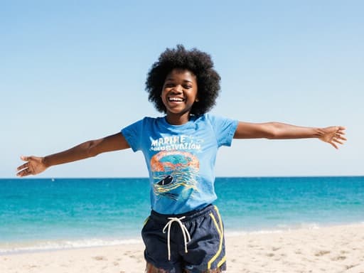 10대 초반 아프리카계 소녀가 해양 생태 보호를 주제로 한 티셔츠와 편안한 운동복을 입고 반신 촬영을 하고 있습니다. 그녀는 밝은 미소를 지으며 팔을 쭉 뻗고 있으며, 푸른 바다와 해변이 보이는 아름다운 배경 속에서 자연과의 사랑과 긍정적인 에너지를 발산하고 있습니다.
