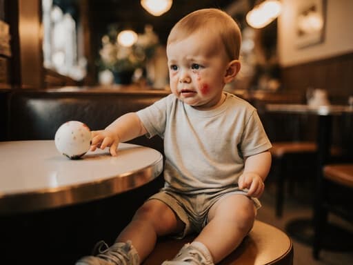 3세 유럽계 남성이 눈에 눈물이 고여 있는 모습으로 카페 테이블 위의 공을 잡으려는 포즈를 취하고 있는 반신 사진, 밝은 티셔츠와 반바지를 입고 아늑한 카페의 따뜻한 조명 아래에 배치됨.