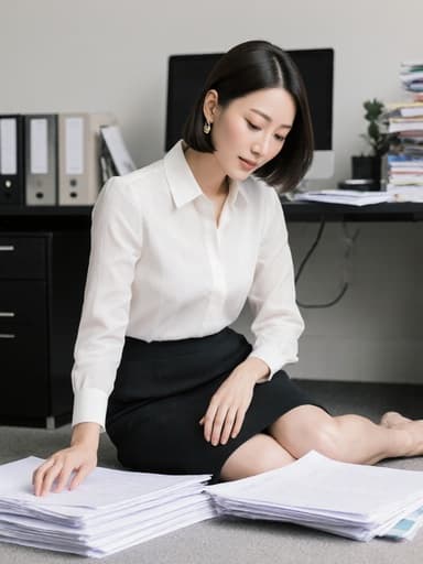30대 한국인 여성의 반신 촬영으로, 그녀의 자연스러운 아름다움이 돋보입니다. 그녀는 정돈된 사무 공간 바닥에 앉아 있으며, 세련된 블라우스와 스커트를 착용하고 있고, 멋진 액세서리로 포인트를 주고 있습니다. 한 손으로 서류를 잡고 서류를 정리하며 우아하고 전문적인 태도를 나타내고 있습니다. 배경에는 깔끔하게 정리된 책상과 추가 서류들이 있어 사무실 분위기를 더하고 있습니다.