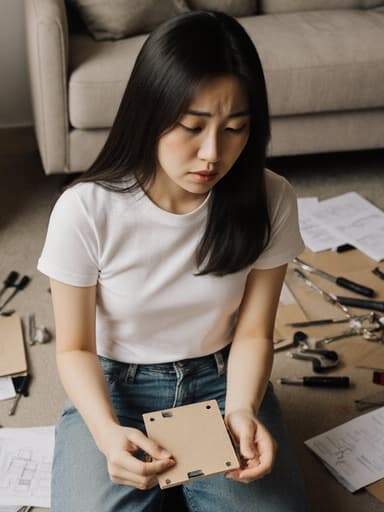 20대 동양인 여성의 긴 머리가 있는 모습이 아늑한 거실 바닥에 앉아 있습니다. 그녀는 편안한 티셔츠와 청바지를 입고 있으며, 가구 조립 부품을 손에 들고 불안한 표정을 짓고 있습니다. 주변에는 조립 도구와 설명서가 흩어져 있어 DIY 분위기를 강조합니다.