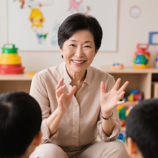 60대 동양인 여성이 부드러운 색상의 블라우스와 편안한 바지를 입고 아기자기한 장난감과 교육 자료로 가득한 유아 학습실에서 아이들과 소통하고 있습니다. 그녀는 따뜻한 미소를 지으며 손짓으로 아이들과 즐겁게 대화하고 있어, nurturing하고 긍정적인 분위기를 연출하고 있습니다.