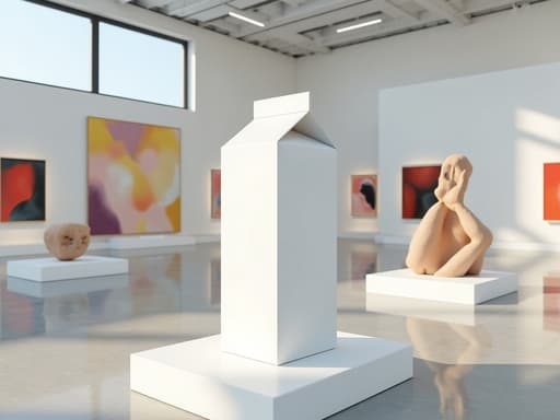 초현실적인 우유 팩이 중앙에 위치한 현대 미술관 설정, 깔끔한 선과 미니멀한 조각, 생동감 넘치는 추상화, 큰 창문을 통해 쏟아지는 자연광, 매끈한 바닥에 부드러운 그림자와 반사, 예술적이고 평화로운 분위기