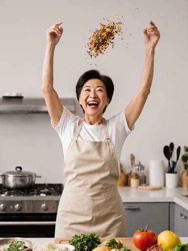 활기찬 50대 한국인 여성이 깔끔한 주방에서 재료를 공중으로 던지며 기쁘게 점프하고 있습니다. 그녀는 편안한 앞치마와 캐주얼한 복장을 입고 있으며, 배경에는 조리 도구와 신선한 재료들이 가득 차 있어 요리에 대한 열정을 나타냅니다.
