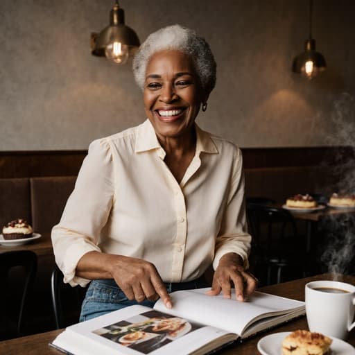50대 흑인 여성이 캐주얼한 블라우스와 청바지를 입고, 아늑한 카페 안에서 요리책을 보며 밝게 웃고 있는 모습의 반신 사진. 커피와 디저트가 있는 따뜻하고 초대하는 분위기를 연출합니다.