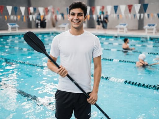 행복한 표정을 지으며 수영용 패들을 들고 있는 10대 초반의 중동계 남성이 반신샷으로 포착되었습니다. 그는 트렌디한 스포츠 의상을 입고 있으며, 배경에는 훈련 중인 수영 선수들이 있는 맑은 수영장이 보입니다.