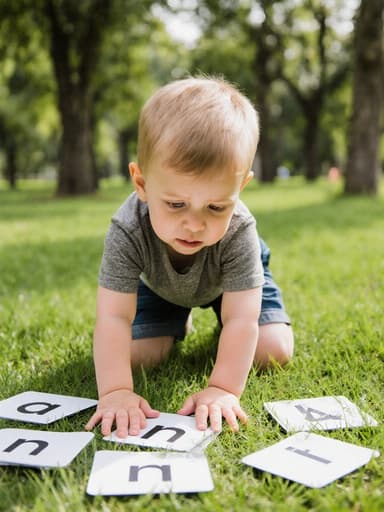 편안한 티셔츠와 반바지를 입은 3세 백인 남자아이, 푸른 잔디 위에 놓인 다채로운 알파벳 카드 위에서 스트레칭하고 있습니다. 그는 알파벳을 배우며 약간 무서운 표정을 짓고 있으며, 배경에는 푸른 잔디와 나무들이 있는 활기찬 공원이 있어 장난기 가득한 분위기를 만들어냅니다.