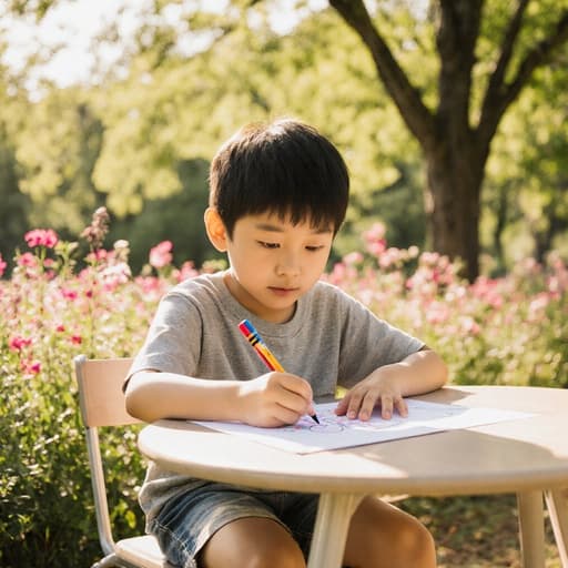 자연스러운 외모를 가진 7세 아시아계 남성이 따뜻한 햇살 아래 작은 테이블에 앉아 크레용으로 그림을 그리는 모습이 반신 촬영으로 포착되었습니다. 편안한 티셔츠와 반바지를 착용한 그는 호기심 어린 표정으로 자신의 작품에 집중하고 있습니다. 배경은 푸른 나무와 화려한 꽃들로 가득 차 있어 즐겁고 생기 넘치는 분위기를 만들어냅니다.