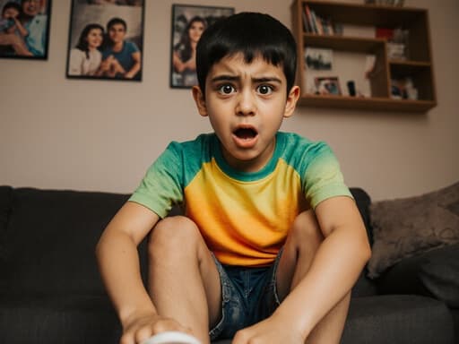 7세 중동계 남성이 귀여운 표정으로 밝은 색 티셔츠와 반바지를 입고 신발을 신으려 발을 들고 놀란 모습이 담긴 반신 사진, 아늑한 거실에는 가족 사진, 소파가 배치되어 따뜻한 분위기를 연출합니다.