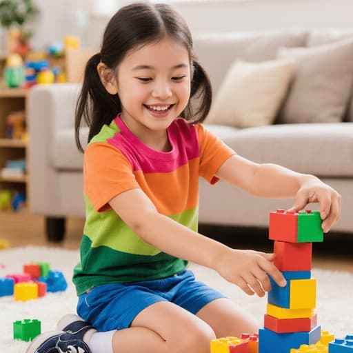 아늑한 거실에서 장난감을 가득 쌓은 7세 백인 소녀가 귀엽게 웃으며 블록을 쌓기 위해 팔을 뻗고 있는 반신 사진.