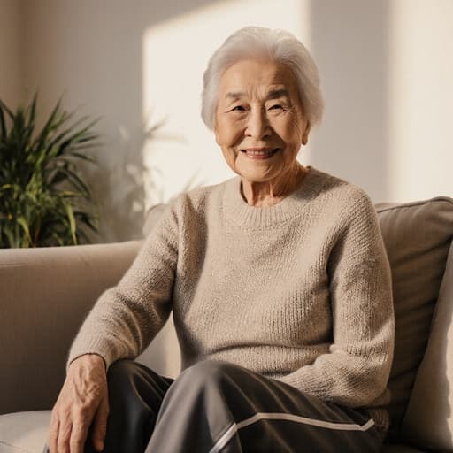 80대 동양인 여성의 반신 사진으로, 자연스러운 아름다움과 친근한 표정을 보여줍니다. 그녀는 편안한 니트 스웨터와 트레이닝 바지를 입고 다리를 뻗고 앉아 손은 무릎 위에 가볍게 얹고 있습니다. 아늑한 거실의 따뜻한 조명과 식물이 있는 배경이 초대하는 분위기를 더합니다.