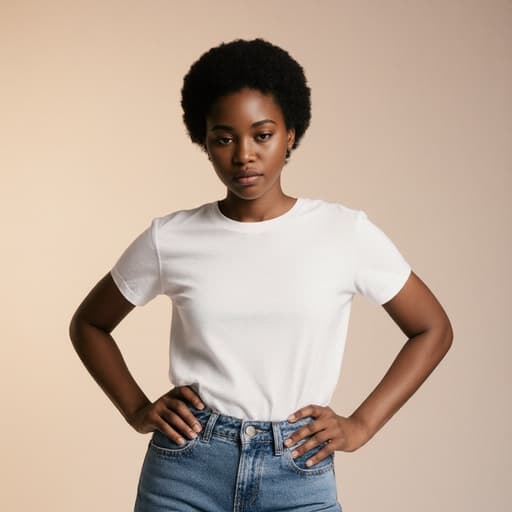 20대 아프리카계 여성의 반신 샷으로, 편안한 흰색 티셔츠와 청바지를 입고 손을 허리에 얹고 카메라를 바라보며 약간 의기소침한 표정을 짓고 있습니다. 부드러운 조명이 비추는 사진 스튜디오의 간단한 배경과 함께 그녀를 돋보이게 합니다.