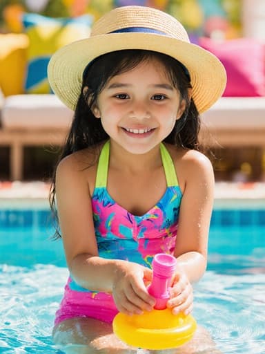 자연스러운 외모의 7세 라틴계 소녀가 밝은 색상의 수영복과 귀여운 모자를 착용하고 물놀이 장난감을 손에 들고 앉아 있으며, 수영장 옆의 화사한 거실에서 물놀이에 대한 기대감으로 가득 차 있습니다. 즐겁고 신나는 물놀이의 하루를 위해 기대감을 드러내고 있습니다.