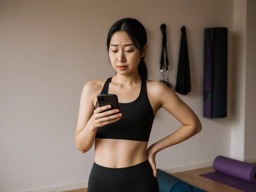 편안한 요가복을 입은 10대 후반의 동양인 여성이 아늑한 요가실에 서 있습니다. 그녀는 한 손에 전화를 들고, 다른 손은 허리에 대고 있으며 실망한 표정을 짓고 있습니다. 배경에는 요가 매트와 다양한 요가 도구가 놓여 있어 이 장면의 차분하고 내성적인 분위기를 더욱 강조합니다.