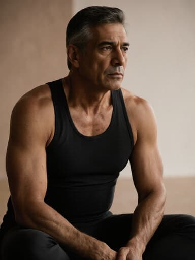 편안한 요가 복을 입고 있는 40대 라틴계 남성이 아늑한 요가 스튜디오에서 부드러운 조명 속에 깊은 생각에 잠긴 표정으로 서 있는 반신 사진, 고요하고 사색적인 분위기를 연출합니다.
