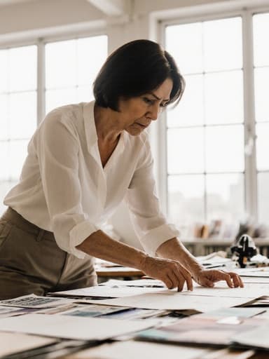 40대 혼혈 여성의 반신 이미지를 담은 디자인 작업실에서의 모습입니다. 그녀는 디자인 자료를 정리하며 프레젠테이션 준비에 집중하고 있으며, 모던한 블라우스와 편안한 팬츠를 착용하고 있습니다. 디자인 도구와 샘플들이 흩어져 있는 공간에서 자연스러운 표정을 짓고 있습니다.
