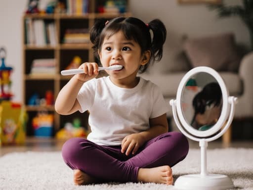 귀여운 혼혈 3세 소녀가 편안한 티셔츠와 레깅스를 입고 아늑한 거실에서 작은 거울을 보며 이를 닦고 있는 모습입니다. 지루한 표정이 일상적인 루틴을 포착하고 있으며, 장난감과 책들로 가득한 따뜻하고 초대하는 공간이 배경을 이룹니다.
