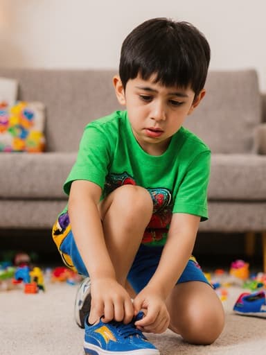 7세 중동계 남자아이가 귀여운 표정으로 반신 촬영된 모습입니다. 그는 아늑한 거실에서 장난감을 들고 신발을 신으려는 순간, 밝은 티셔츠와 반바지를 입고 있습니다. 한 발을 들어 올리며 신발을 잡고 있는 모습은 장난기 가득한 순간을 보여줍니다.