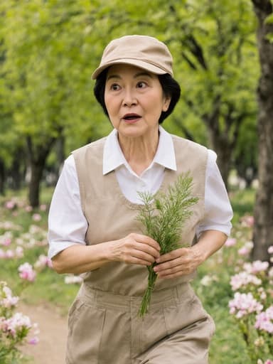 편안한 작업복과 모자를 착용한 50대 한국인 여성이 식물을 들고 놀란 듯한 표정으로 공원에서 달려가는 전신 샷. 푸른 나무와 화려한 꽃들이 있는 아름다운 배경이 돋보인다.