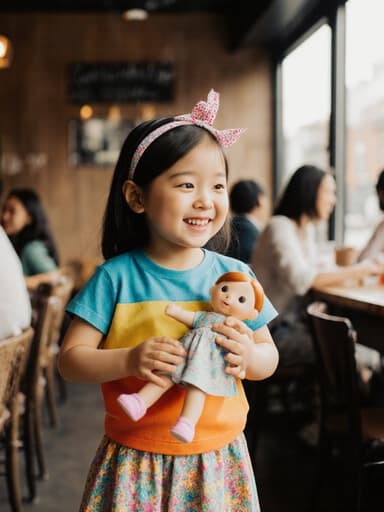 7세 아시아계 여성의 전신 사진으로, 귀여운 외모를 가진 아이가 밝은 색상의 티셔츠와 스커트를 입고 있으며 리본 장식이 달린 헤어밴드를 착용하고 있습니다. 그녀는 인형을 들고 즐겁게 춤추고 있으며, 호기심 어린 표정으로 기뻐하고 있습니다. 배경에는 아늑한 카페 내부가 보이며, 창가에 앉아 있는 다른 손님들이 있어 따뜻하고 초대하는 분위기를 만들어냅니다.