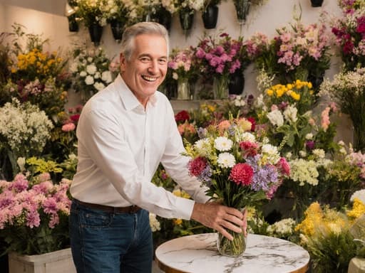 40대 백인 남성이 편안한 셔츠와 청바지를 입고 밝게 웃으며, 아름답게 꾸며진 테이블 위에 꽃다발을 놓고 있는 반신 촬영. 꽃가게의 내부는 화려한 꽃 장식으로 가득 차 있어, 남성의 즐거운 표정과 잘 어우러지는 따뜻하고 초대하는 분위기를 만들어냅니다.
