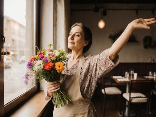 40대 중동계 여성이 자연스러운 외모로 반신 촬영된 모습입니다. 꽃집에서 일하기에 적합한 꽃무늬 원피스와 앞치마를 착용하고 있으며, 평온한 표정으로 꽃다발을 만들고 있습니다. 한 손에 꽃다발을 들고 스트레칭하는 자세를 취하고 있습니다. 아늑한 카페의 창가에서 자연광이 비추며, 따뜻하고 초대하는 분위기를 더하고 있습니다.