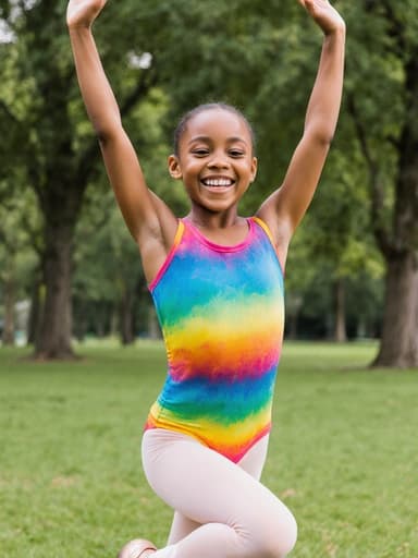 화려한 무용복을 입은 혼혈의 소녀가 푸른 공원에서 미소를 지으며 점프하는 자세를 취하고 있으며, 팔을 들어올려 젊음의 에너지와 행복을 표현하고 있습니다.