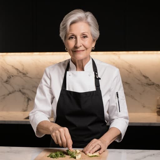 50대 백인 여성이 세련된 주방 유니폼과 앞치마를 착용하고 현대적인 주방 조리대에서 재료를 손질하고 있는 모습입니다. 이 현대적인 주방은 고급스러운 조명이 식사 준비 공간을 돋보이게 하여 세련된 요리 분위기를 연출합니다.