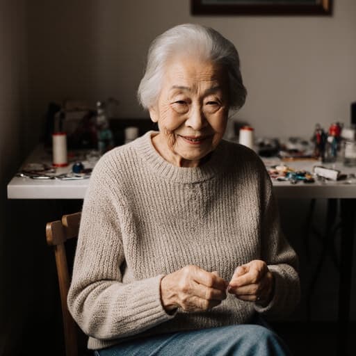 80대의 동양인 여성이 자연스러운 외모를 가진 따뜻하고 친근한 반신샷입니다. 그녀는 아늑한 카페 테이블에 앉아 편안한 니트 스웨터와 청바지를 입고 부드러운 미소를 지으며 바느질에 몰두하고 있습니다. 손에는 바늘과 실을 들고 있으며, 테이블에는 다양한 바느질 도구들이 놓여있습니다. 카페의 따뜻한 분위기와 자연광이 어우러져 그녀의 우아한 작업과 친밀한 순간을 강조합니다.