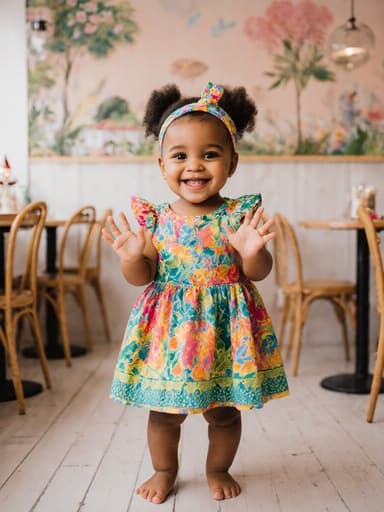 1살 혼혈 여성 아기가 화사한 색상의 원피스와 귀여운 헤어밴드를 착용하고 즐겁게 웃으며 두 손을 흔들며 인사하는 모습의 전신 사진입니다. 아기자기한 인테리어의 카페에서 테이블과 의자들이 배치된 따뜻하고 행복한 분위기를 자아내며 아기의 장난기 가득한 에너지를 보여줍니다.