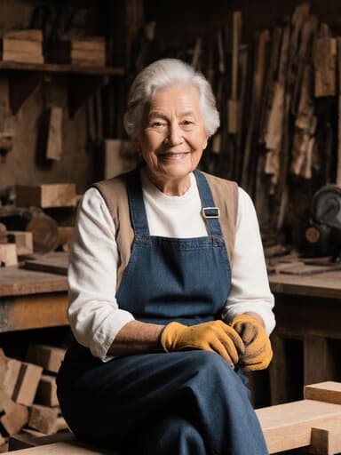 60대 혼혈 여성의 반신 사진으로, 자연스러운 외모와 친근한 표정으로 따뜻한 미소를 짓고 있습니다. 그녀는 전통적인 작업복과 장갑을 착용하고 있으며, 다리를 뻗고 앉아 있습니다. 손에는 목재를 쥐고 있으며 목공 작업을 준비하는 모습입니다. 배경은 전통적인 디자인의 작업실로, 목재와 도구들이 잘 정돈된 아늑한 거실이 강조되어 따뜻하고 초대하는 분위기를 자아냅니다.