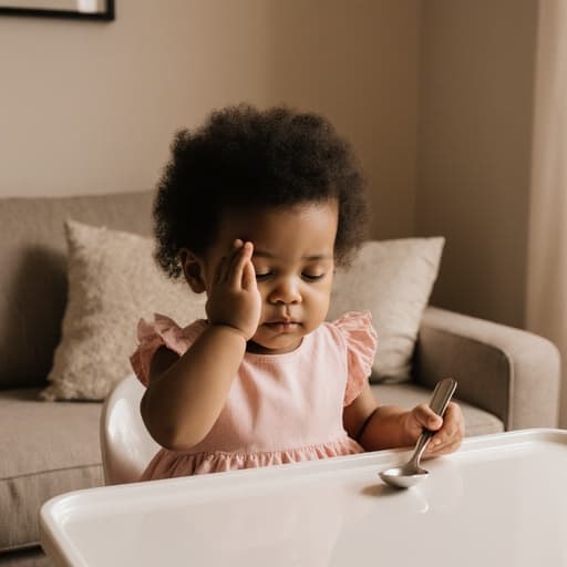 졸린 표정으로 눈을 비비고 있는 1살 혼혈 여성 아기와 함께 테이블에 앉아 작은 숟가락을 들고 있는 모습의 반신 사진. 귀여운 분홍색 원피스와 흰색 양말을 입고 있으며, 부드러운 조명이 비추는 아늑한 거실 배경 속에서 따뜻하고 초대하는 분위기를 자아냅니다.