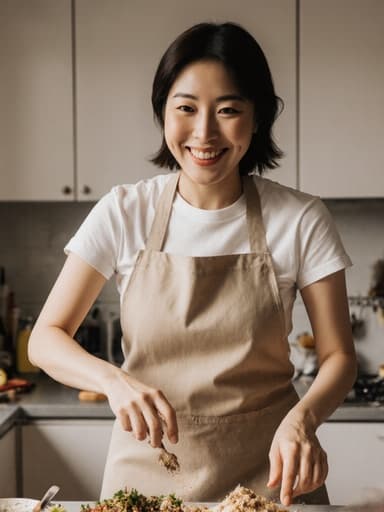 30대 한국인 여성의 전체 몸샷으로, 편안한 주방용 앞치마와 캐주얼한 티셔츠를 입고 즐겁게 재료를 준비하는 모습이 담긴 아늑한 주방에서 다양한 식재료와 함께 점프하는 자세로 생동감 넘치는 표정을 짓고 있습니다.