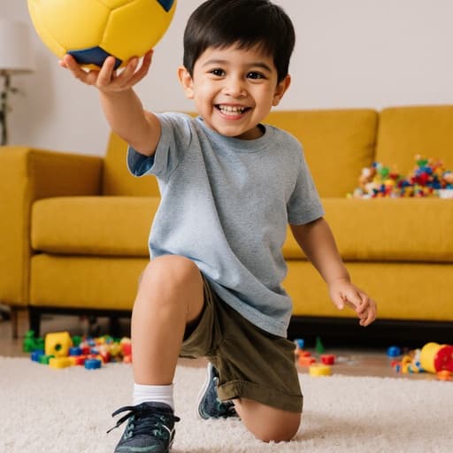 아늑한 거실에서 공을 잡고 요가 자세를 취하며 미소 짓고 있는 중동계 3세 남자 아동의 모습, 편안한 티셔츠와 반바지를 입고 있으며, 밝은 색의 소파와 장난감이 흩어져 있다.