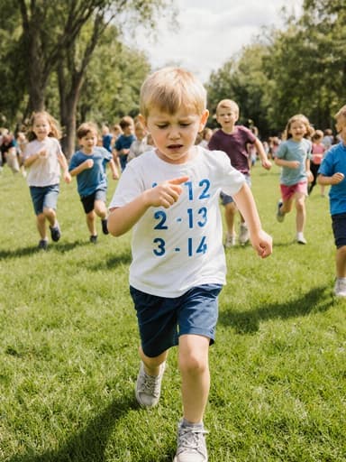 7세 유럽계 남성의 전신 샷으로, 밝은 금발 머리와 푸른 눈을 가진 모습입니다. 편안한 티셔츠와 반바지를 입고 있으며, 숫자를 세는 데 약간 짜증난 표정으로 친구들과 함께 달리며 손가락으로 숫자를 가리키고 있습니다. 배경은 푸른 잔디와 나무가 있는 공원이며, 아이들이 뛰어노는 생기 넘치는 분위기를 담고 있습니다.