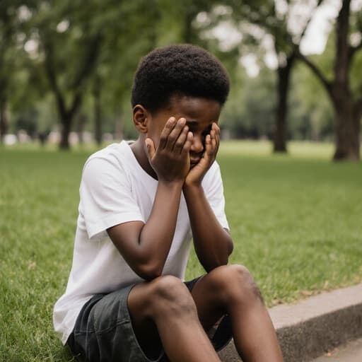 7세 흑인 남성이 자연스러운 외모로 조용한 공원 바닥에 앉아 있는 반신 사진입니다. 편안한 티셔츠와 반바지를 착용하고 있으며, 슬픈 표정을 지으며 손으로 얼굴을 감싸고 있어 깊은 감정을 드러냅니다. 배경에는 푸른 잔디와 나무들이 있어 차분한 분위기를 더하고 있습니다.