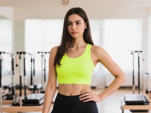 20대 중동계 여성의 반신 샷으로 긴 머리와 건강한 피부를 지니고 있으며, 밝은 색상의 필라테스 운동복을 착용하고 있습니다. 그녀는 약간 짜증난 표정을 짓고 있으며, 현대적인 필라테스 스튜디오에서 한쪽 팔을 들어 올리고 다른 손은 허리에 얹은 자세를 취하고 있습니다.