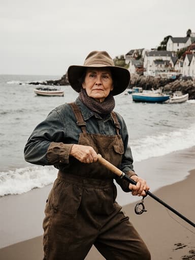 해변 근처의 어촌 마을에서 어부 스타일의 작업복과 모자를 착용한 40대 백인 여성이 어업 도구를 들고 춤추듯이 이동하는 전체 모습. 배경에는 바다와 어선이 보이며, 그녀의 바다 및 어업 문화와의 연결을 강조하는 활기차고 생동감 있는 분위기가 연출됩니다.