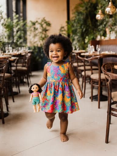 아늑한 카페에서 걷고 있는 귀여운 1살 흑인 여아의 풀 바디 샷. 다채로운 아기용 원피스를 입고 귀여운 인형을 손에 들고 즐겁게 웃고 있는 모습이 따뜻하고 매력적인 카페 배경과 함께 담겨 있습니다.